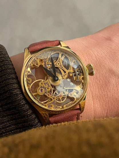 Unique 40mm Skeleton gold watch with vintage Colibri Unitas 6498 pocketwatch movement