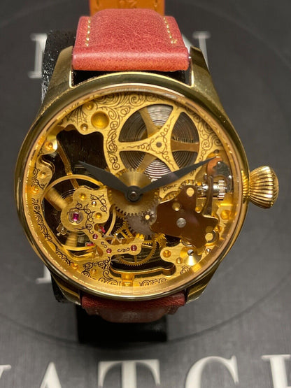 Unique 40mm Skeleton gold watch with vintage Colibri Unitas 6498 pocketwatch movement